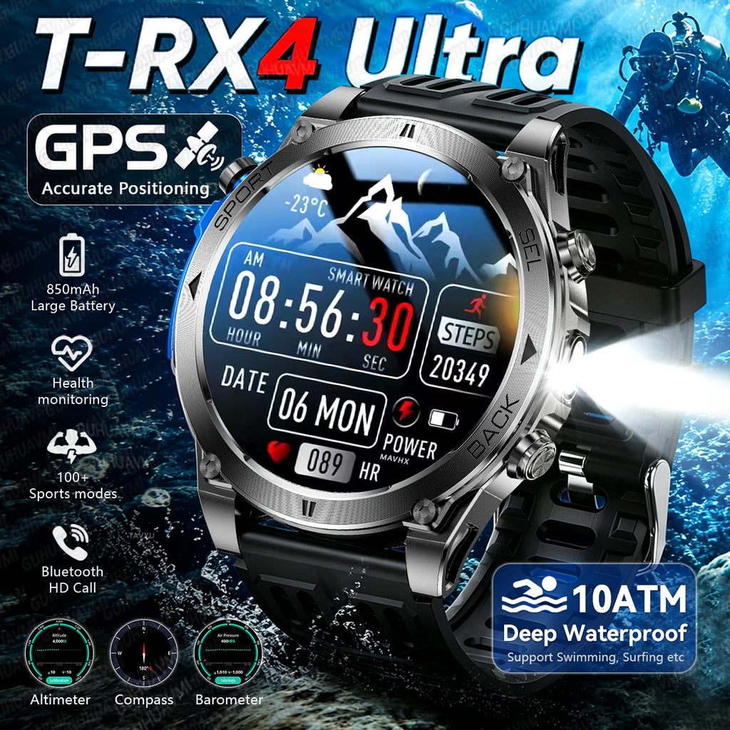 New T-RX 4 Military GPS Smartwatch Men 6 Satellite Precise Positioning 10ATM Waterproof HD Call 170+Sports Modes LED Flashlight