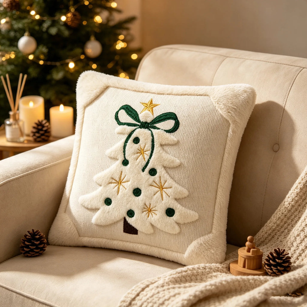 3D Christmas Tree Throw Pillow Covers Faux Plush Embroidered Xmas Tree Pattern Cushion Covers Sofa Couch Home Decor