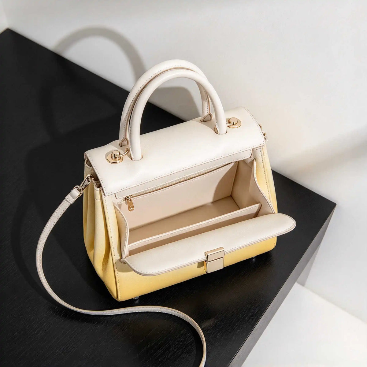 2026 Elegant Women's Luxury Yellow White Gradient Genuine Leather Shoulder Bag Fashion Work Commuter Designer Handbag