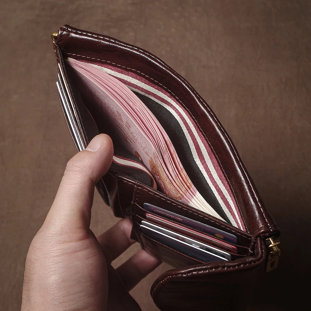 GURO Vintage Genuine Leather Trifold Wallet for Men Women Zipper Coin Purse Driver License ID Credit Card Luxury Cowhide Wallet