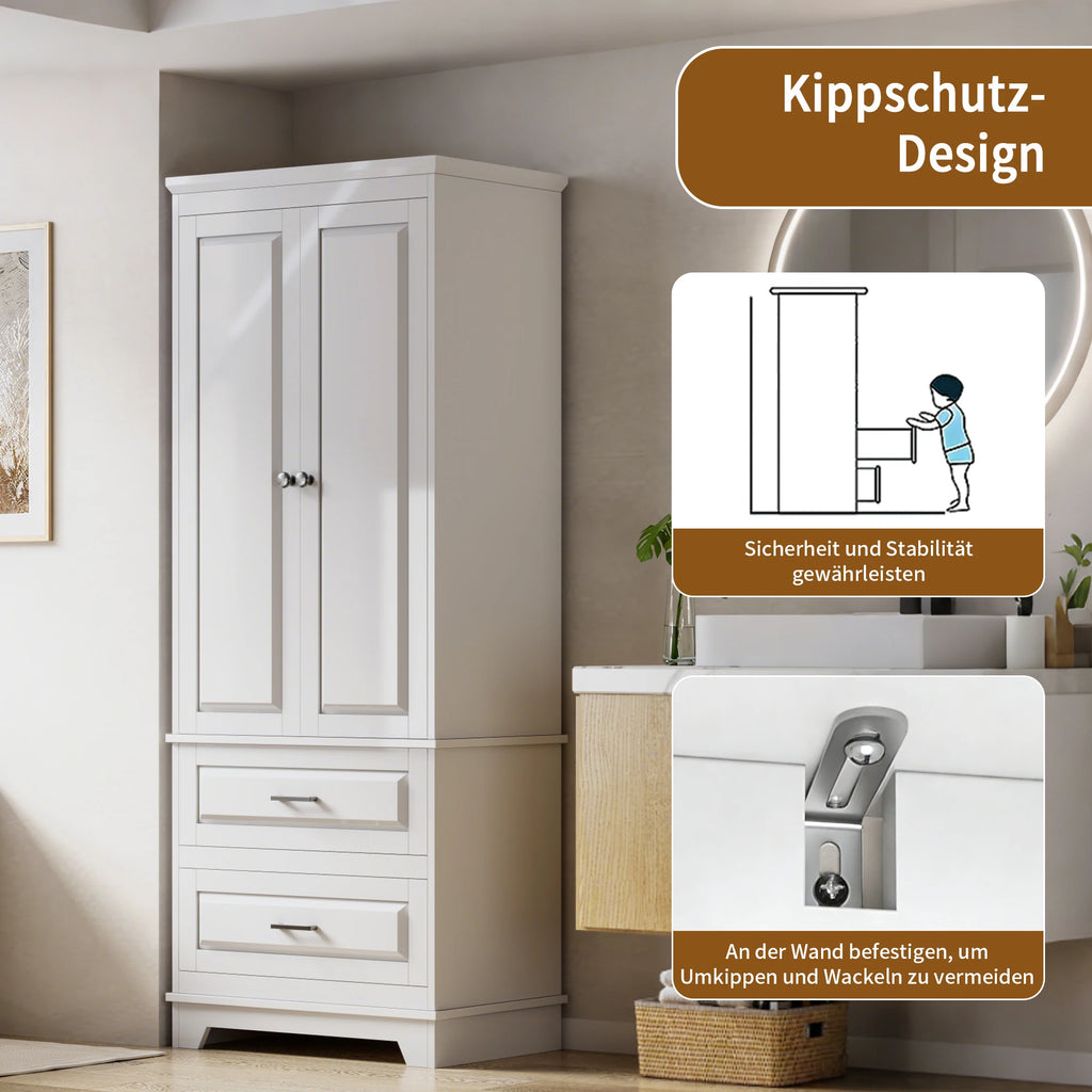 Comanlai moderner weißer Aufbewahrungsschrank 157 x 60 x 40 cm, multifunktionaler Holzschrank mit 2 Türen und 2 unteren Schubladen, einfach aufzubauendes Bücherregal und Ablagesystem für Wohnzimmer, Schlafzimmer, Küche, Badezimmer und Büro