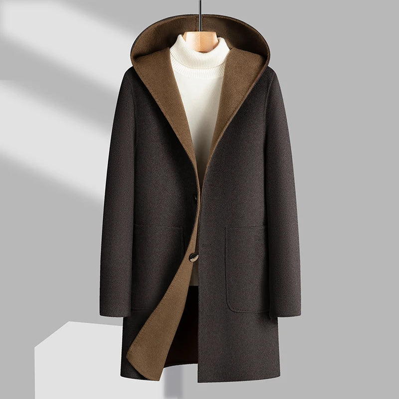Double Sided Wearable Overcoat Men's Mid-Length Hooded Two Buttons Woolen Coat High Streetwear Loose 70% Wool Windbreaker Jacket