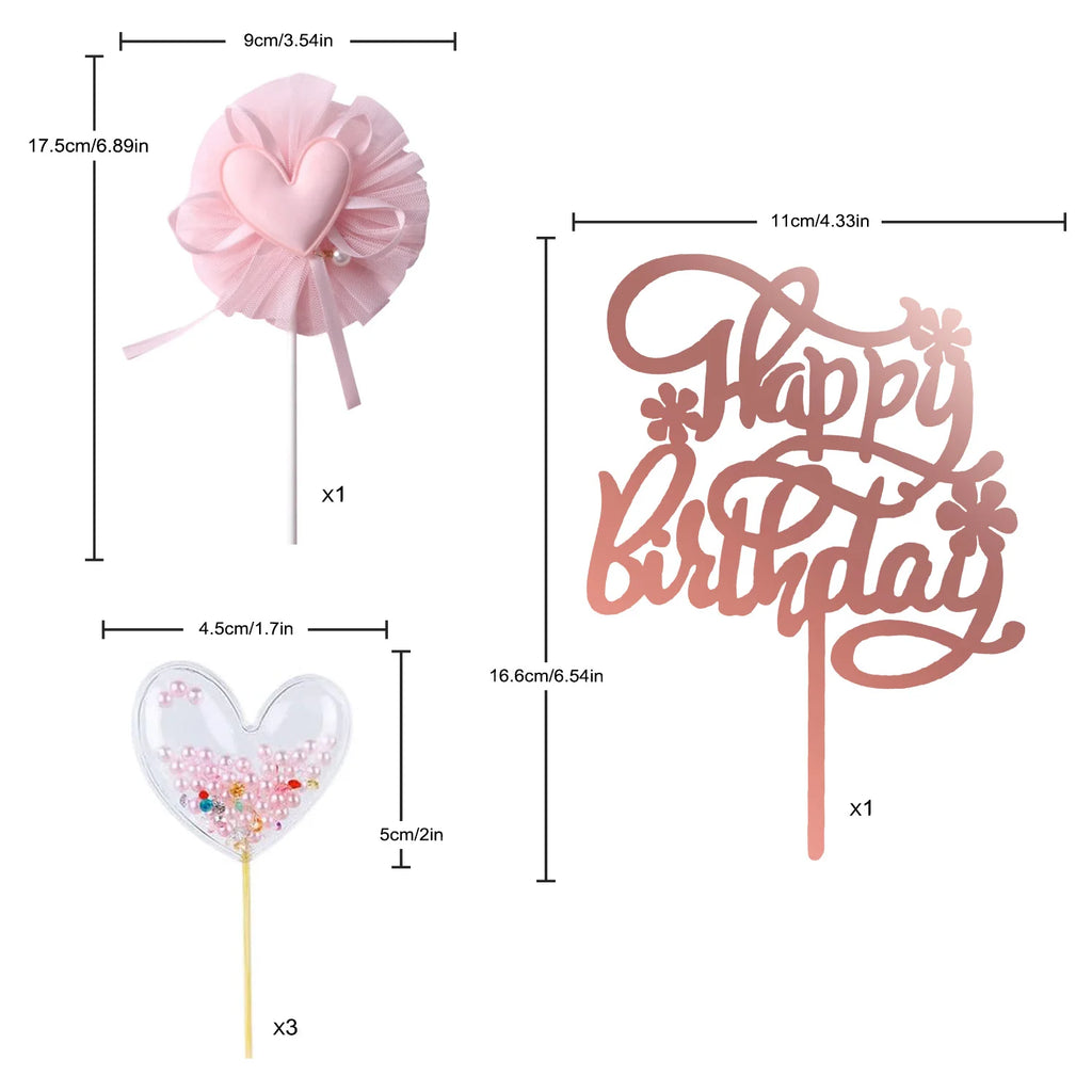 Restards Roségold Happy Birthday Cake Topper Herz Pinke Perlen Cupcake Topper für Mädchen Prinzessinnen-Party Dekorationen Zubehör