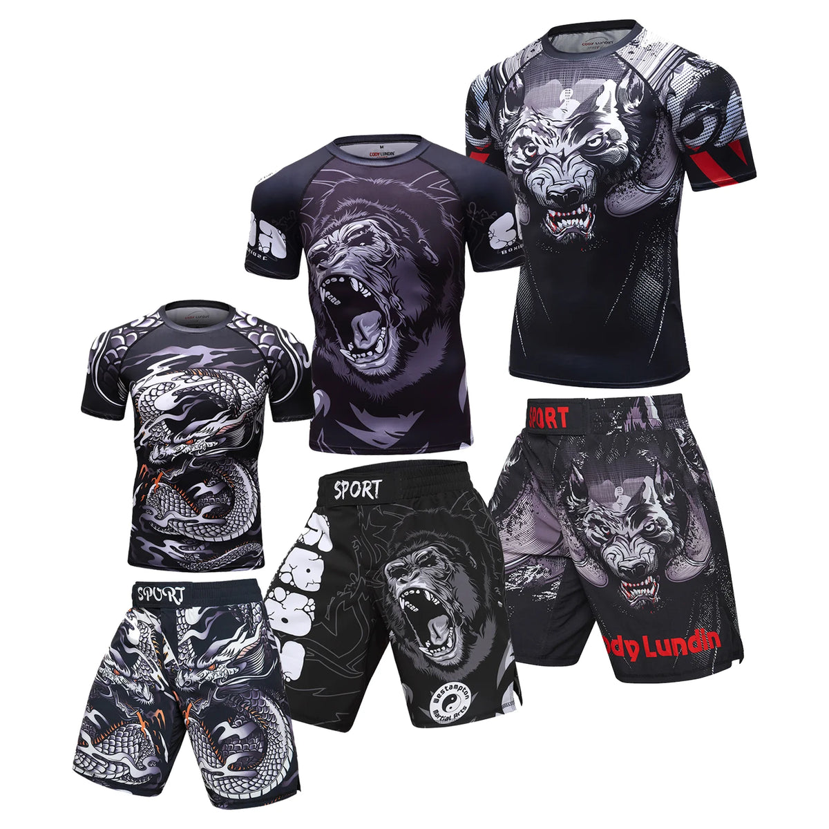 Completo sportivo uomo con rashguard e shorts da grappling