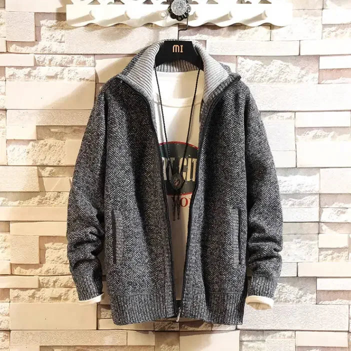 Autumn New Men's Trendy Cardigan Fleece Thicken Solid Casual Loose Sweater Men's Stand-up Collar Knitting Sweater Cardigans