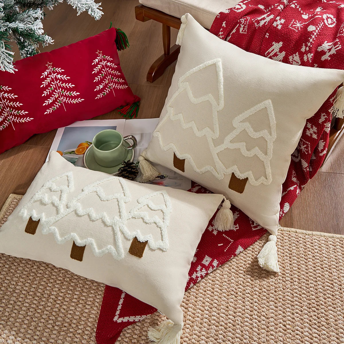 Funda de cojín navideño Battilo con borlas, funda de almohada decorativa con mechones verdes para sofá, cama, decoración del hogar
