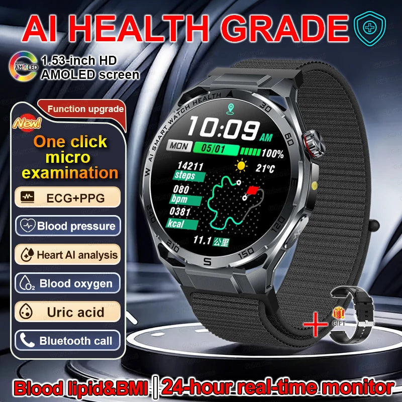 New AI Health Diagnose Smart Watch ECG+PPG Physical examination BP BO2 Uricacid Call Health Tracker Smartwatch For Men Women IOS