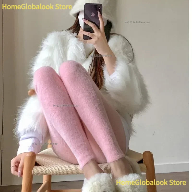 Pantalones rectos de terciopelo de visón rosa para mujer, leggings térmicos de felpa con cintura alta elástica, pantalones casuales de punto para usar en el exterior, parte inferior cálida para otoño e invierno