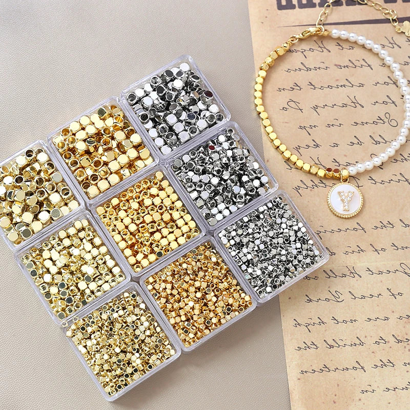 20 Stück  2-4mm  Vergoldete echte quadratische Perlen, geschliffene Perlen  DIY-Schmuck, Halskette, Armband, Abstandshalter, Zubehör, Materialien