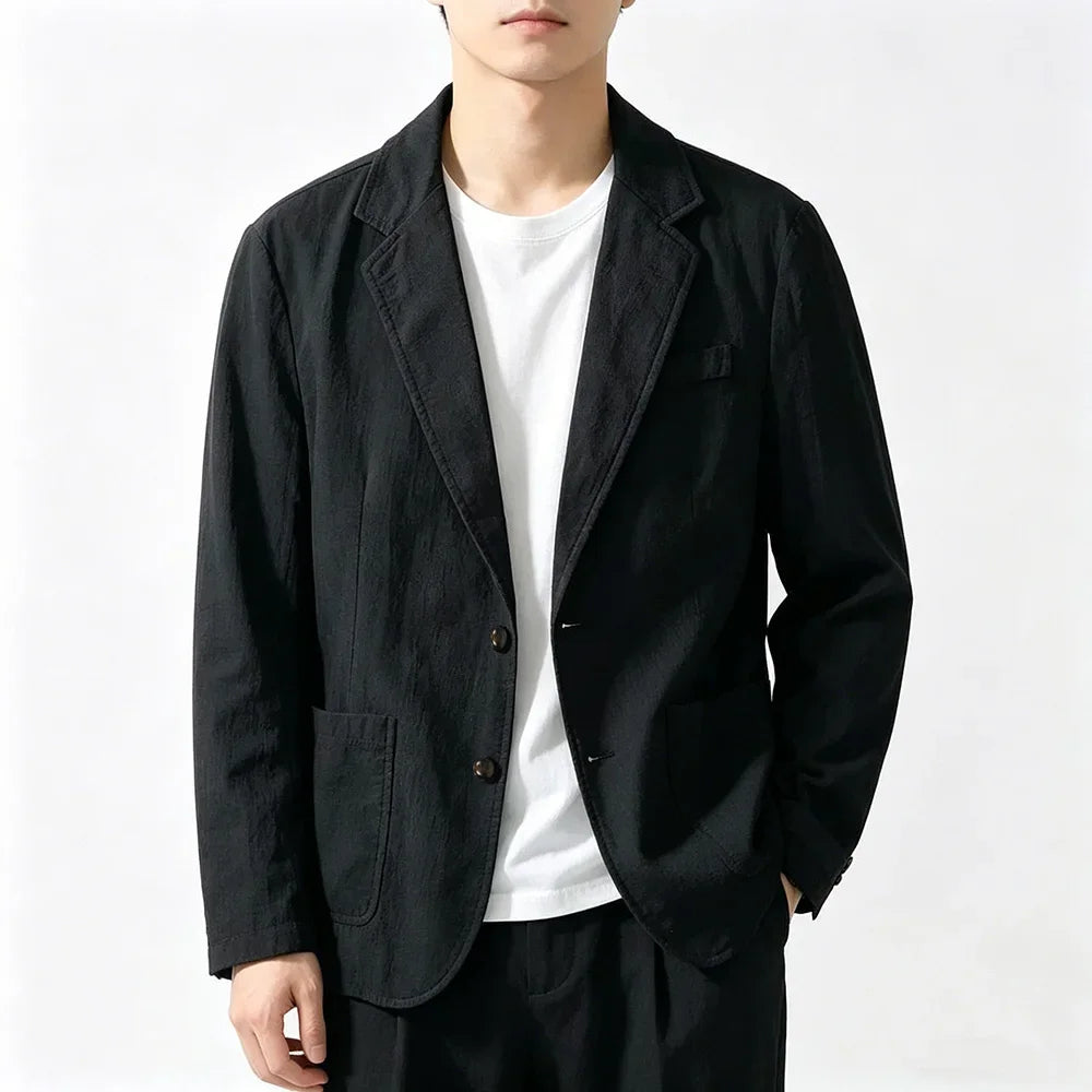 Men's Cotton Linen-like Blazer Jacket Notch Lapel 2‑Button Lightweight Casual Suit Coat Solid Color Male Fashion Outerwear