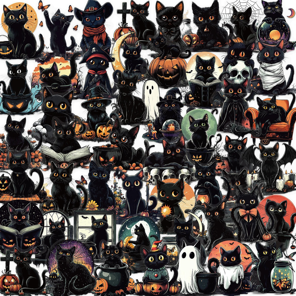 50pcs Halloween Cute Goth Black Cat Stickers Pumpkin Cartoon PET Sticker DIY Guitar Scrapbook Helmet Cool Graffiti Decals Toy
