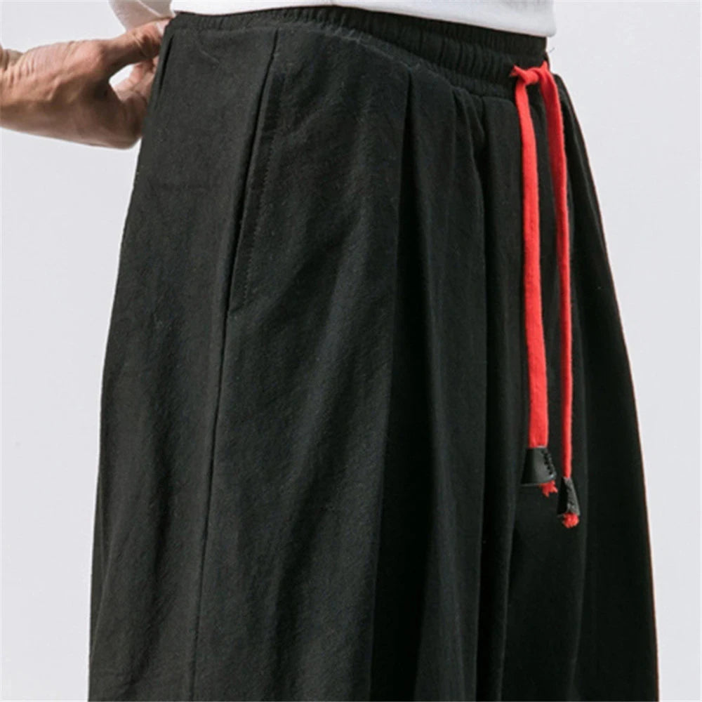 Men's Harem Pants Wid Leg Cotton Linen Trousers Spring Autumn Quality Men Casual Baggy Loose Oversized Pants Streewear