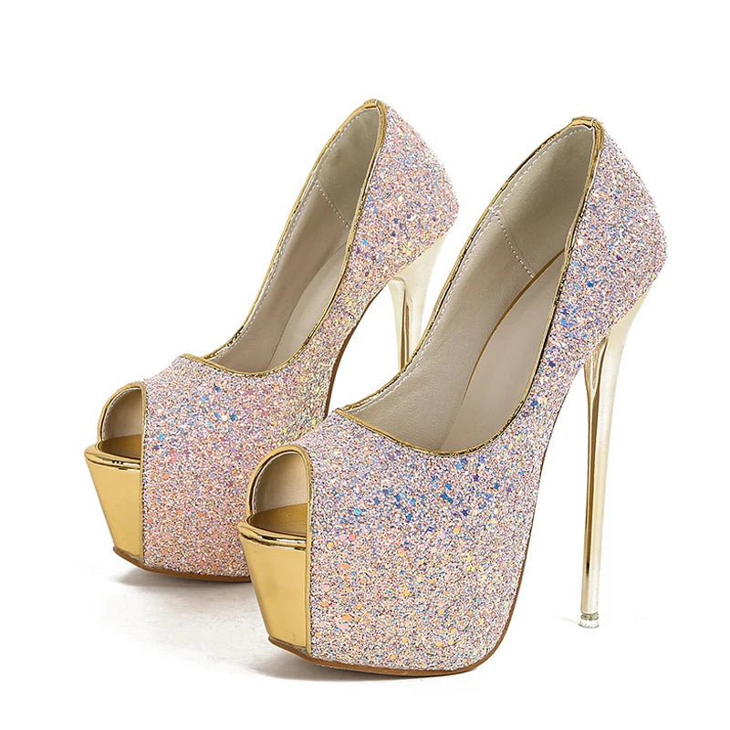 Scarpe peep toe donna Liyke luminose con maxi plateau
