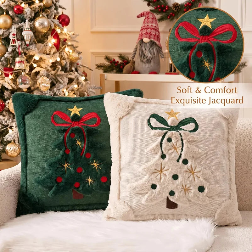 3D Christmas Tree Throw Pillow Covers Faux Plush Embroidered Xmas Tree Pattern Cushion Covers Sofa Couch Home Decor