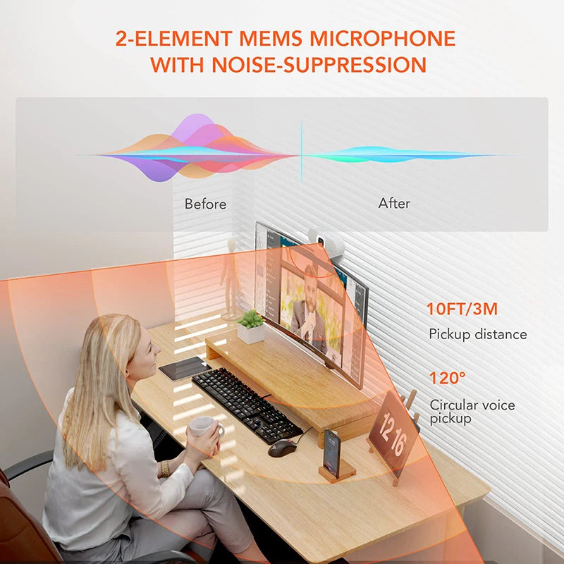 NUROUM V15AFL 2K Auto Focus Webcam with Ring Light, White USB HD Web Camera for PC Laptop, 1080P Low Light Enhancement, Noise Cancelling Mic, Plug & Play for Zoom Teams Video Conferencing Remote Work
