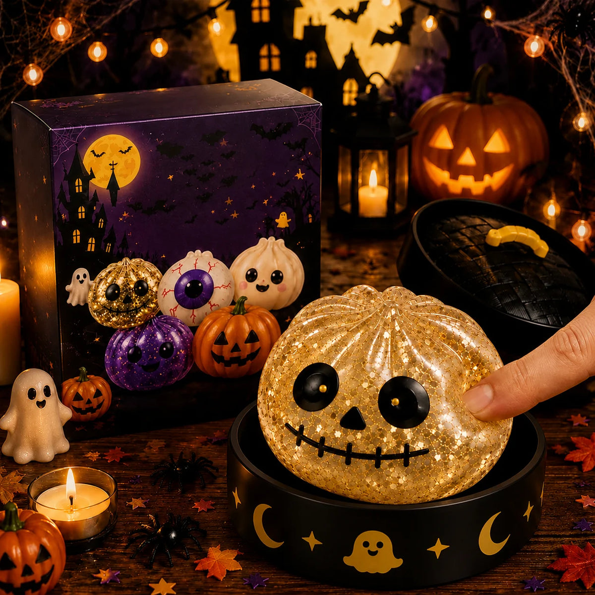 5.5cm/8.5cm Halloween Ghost Dumpling Pressure Squishies Slow Rising Stress Relief Fidget Toy for Kids Adults Anti-Anxiety Gift