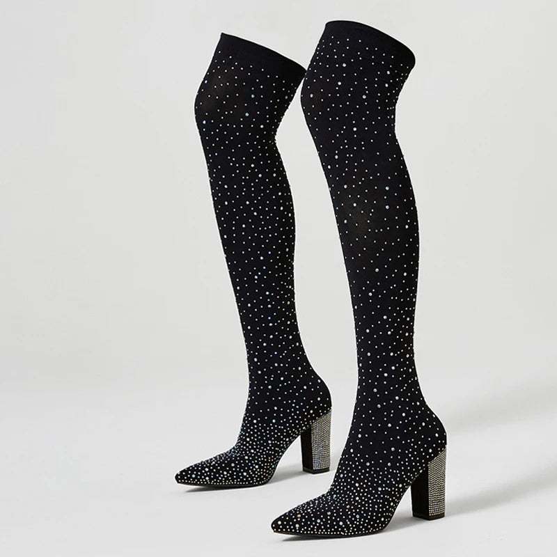 Stivali donna Liyke stretch con strass e tacco largo