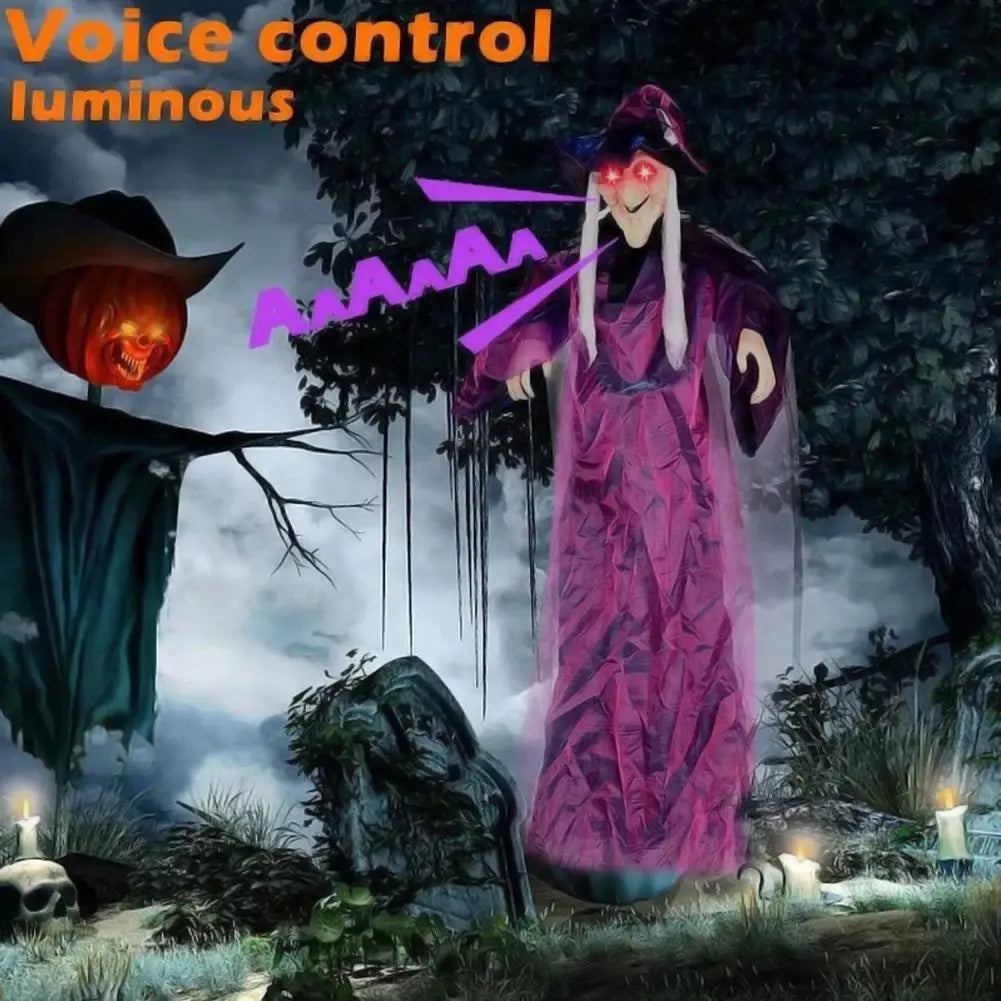 Bruja parlante de tamaño real para Halloween, bruja animatrónica morada de terror para exteriores, decoración luminosa y gritona con control por voz