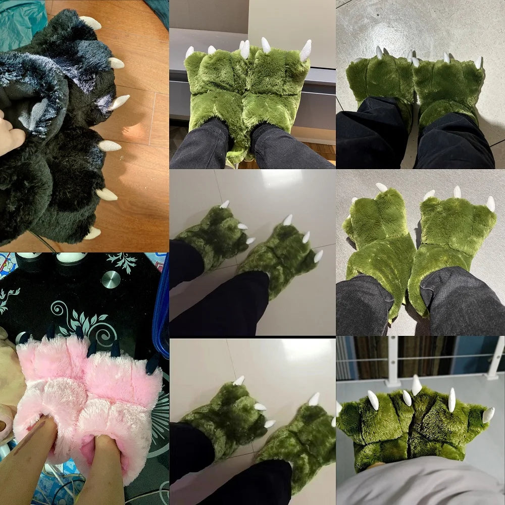 Ausgefallene grüne flauschige Damenhausschuhe im Designer-Look, Tierpfoten-Plüschpantoffeln, hochgeschlossene, weiche und warme Cartoon-Cosplay-Hausschuhe für den Innenbereich