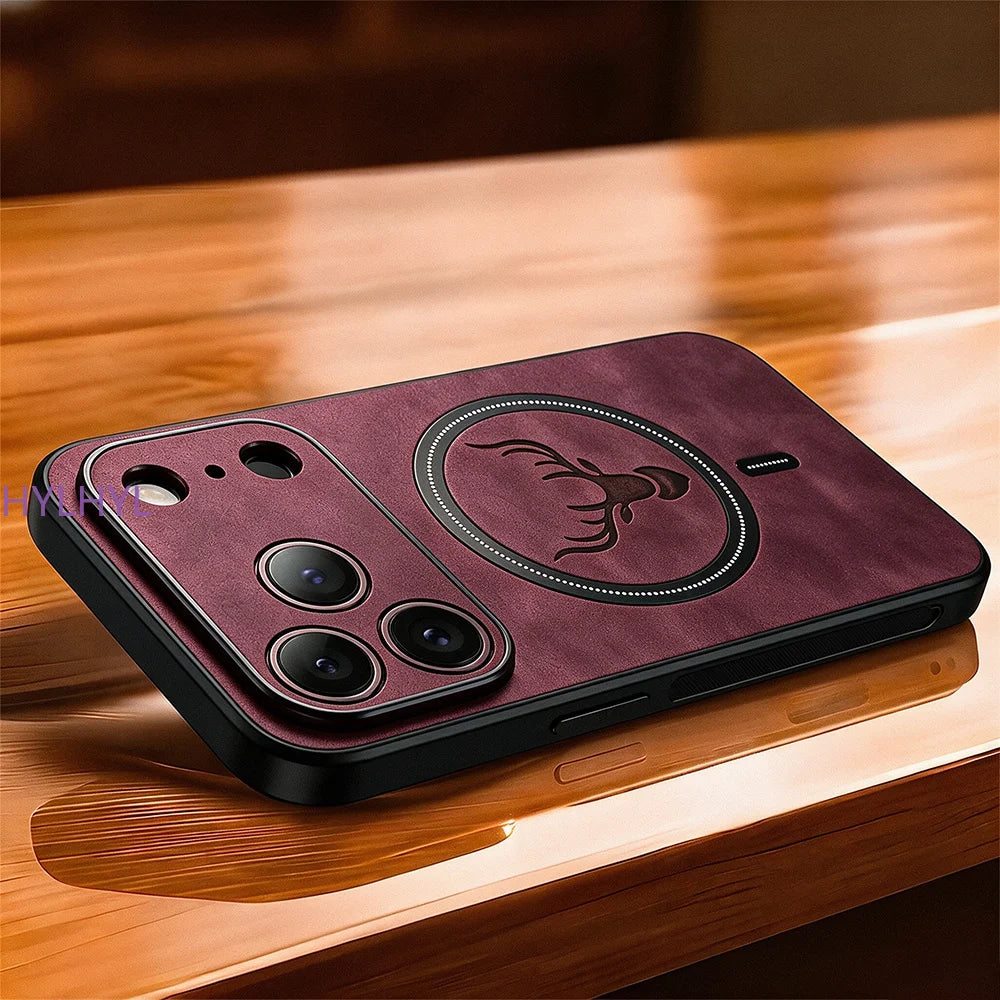Luxury PU Leather Deer Magnetic Phone Case For iPhone 18 17 16 15 14 13 12 11 Pro Max Plus 16E For Magsafe Shockproof Back Cover