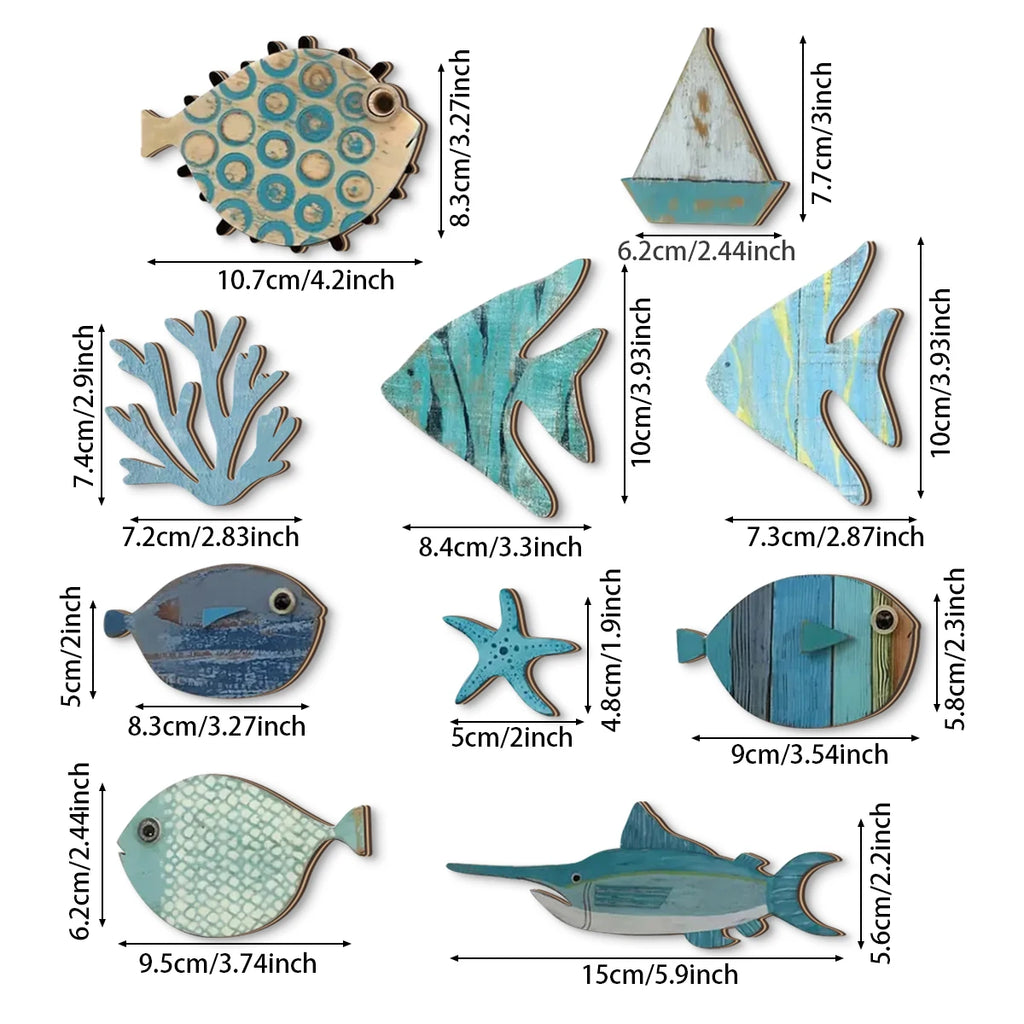 Handcrafted Wooden Ocean Wall Decor - Fish, Coral, Starfish & Sailboat Set for Home/Bathroom, Coastal Style Art