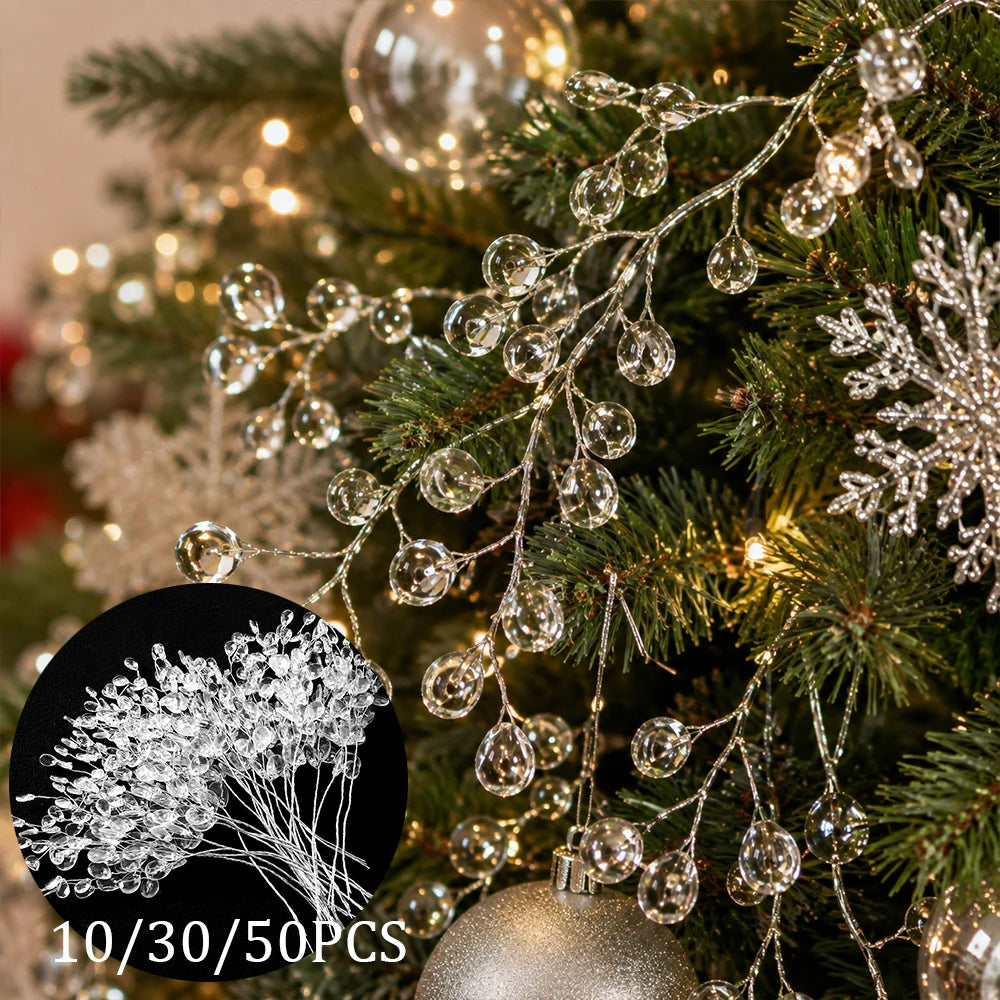 10/30/50Pcs Christmas Decorations Acrylic Bead Drop Stems Flowers Crafts for Xmas Tree Gifts DIY Floral Party Decor Accessories