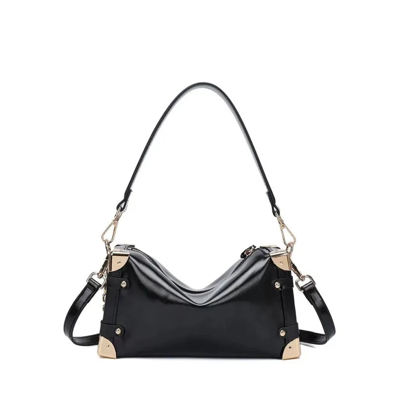 Retro Genuine Leather Handbag Splicing Metal Heavy Industry Small Square Bag for Women 2024 Luxury High-end Shoulder Armpit Bag