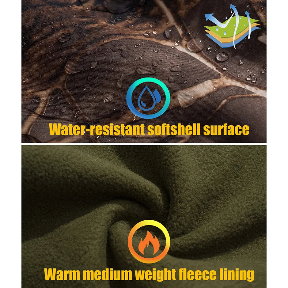 Chaqueta táctica de camuflaje de softshell silencioso para hombre, cortavientos, cálida, de forro polar, para caza, senderismo al aire libre, pesca, con capucha