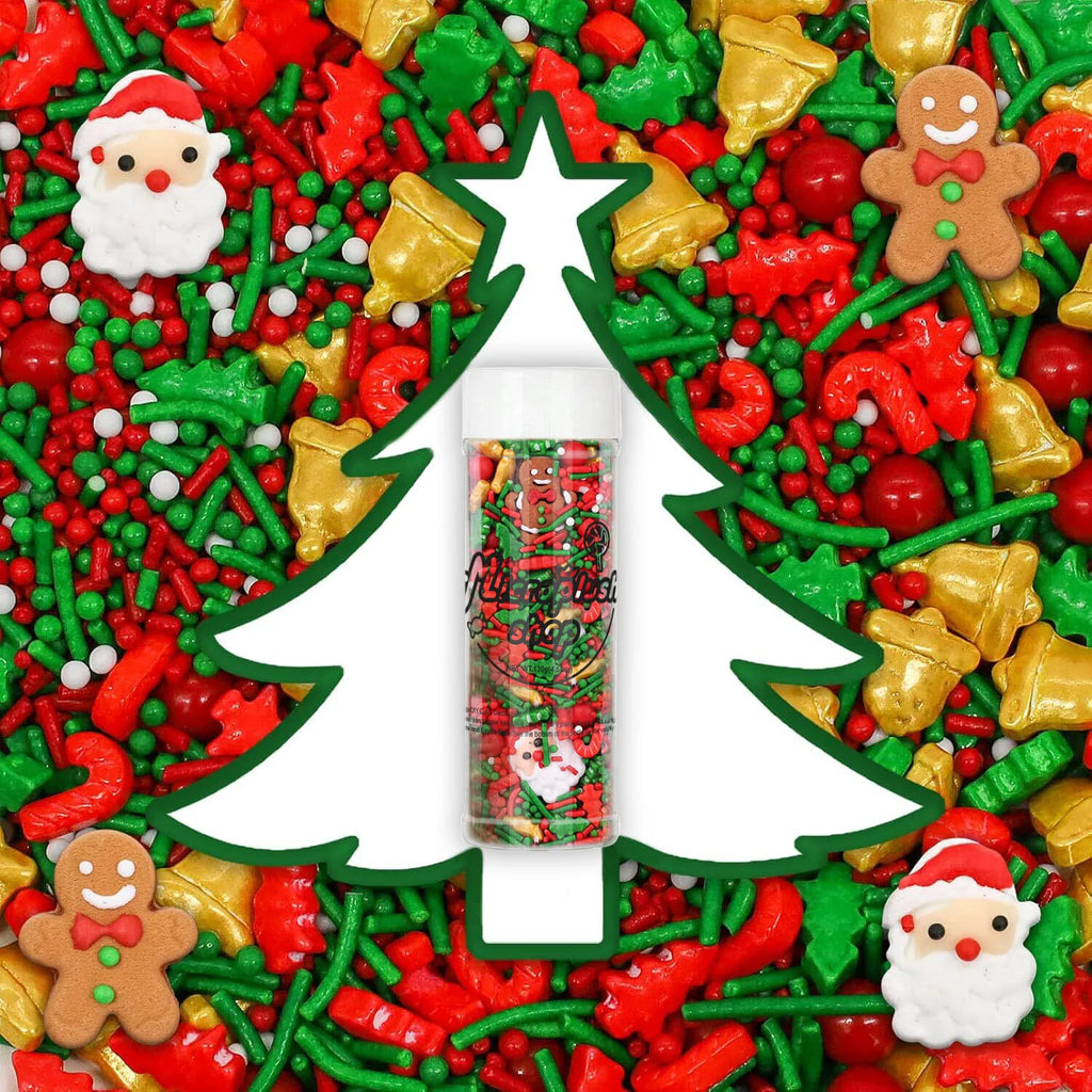 Mezcla de chispas navideñas, árbol de Navidad, Papá Noel, fideos de azúcar navideños, chispas rojas y verdes para decorar galletas