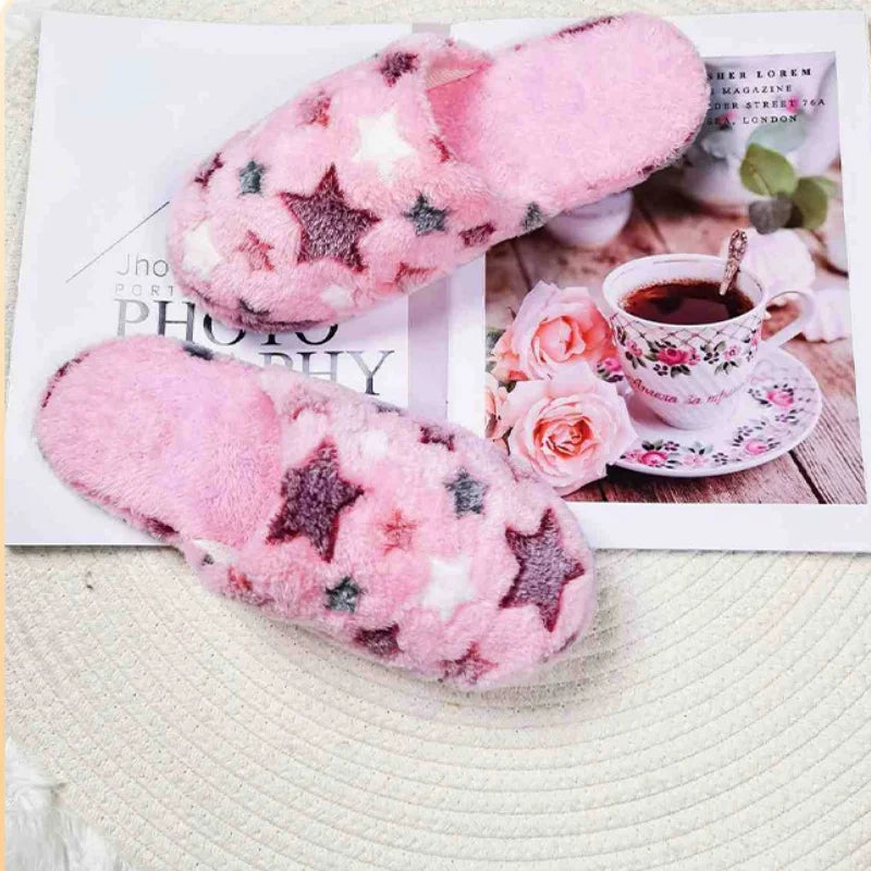 Weibliche Hausschuhe mit fünfzackigen Sternen, weich, für Paare, warm für den Winter, für drinnen, Schlafzimmer, Plüsch-Pantoletten, für Erwachsene, bequem, leise, flache Plüschsandalen
