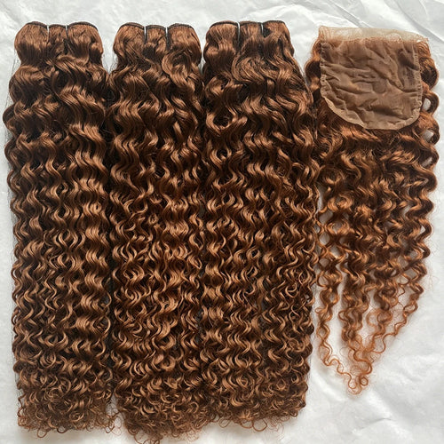 #4 Schokoladenbraune Water Wave Echthaar-Bündel mit HD transparenter Lace-Closure Frontal, nass-gewellte Deep Curly Echthaar-Extensions für schwarze Frauen