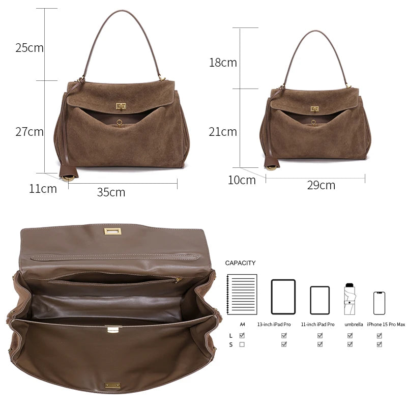 Suede Bags Women Genuine Leather Handbag Winter Luxury Brand Woman Shoulder Bag Totes Gold Buckle Large Capacity Female Bags