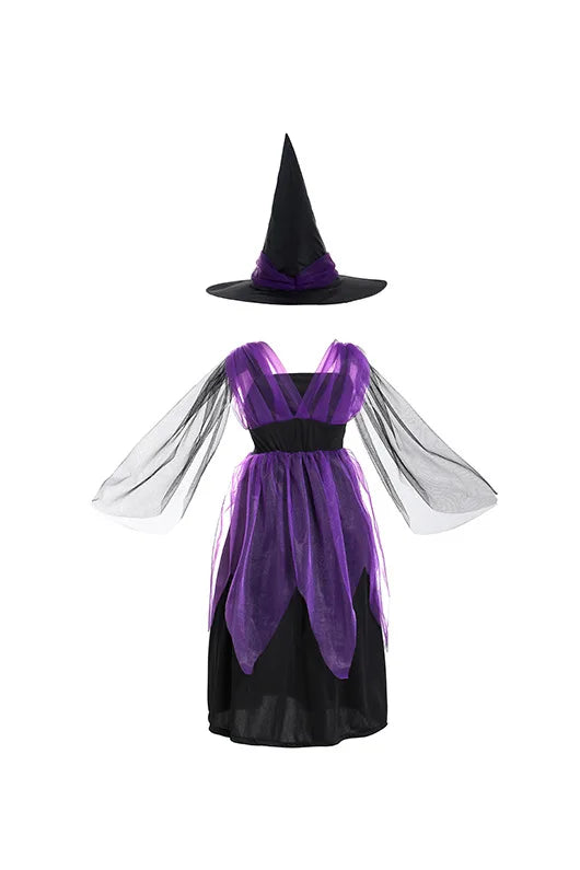 Costume d’Halloween pour enfants, costume de vampire fantastique pour filles, robe longue en tulle, tenue de carnaval gothique à plumes