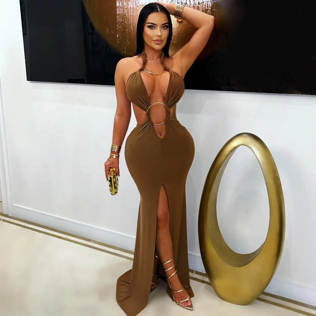 Beyprern Neues schickes Neckholder-Maxikleid mit V-Ausschnitt, O-Ringen, Glamour, sexy rückenfreiem Design, Raffungen und hohem Schlitz, Partykleid, Geburtstagsoutfit