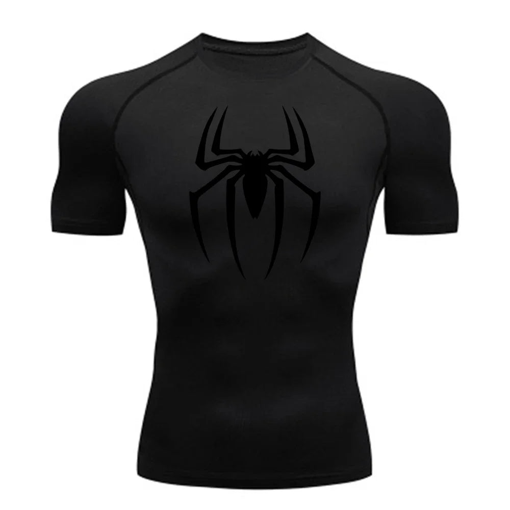 2023Men's Spider Print Compression Shirt, Quick Dry T-Shirt, Gym Running Jersey, Breathable Short Sleeve, Spring, Summer, S-3XL