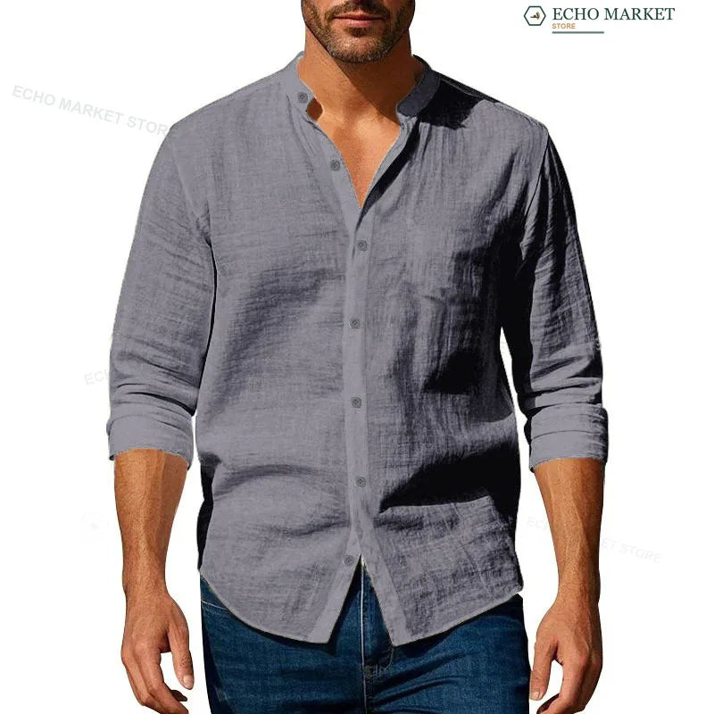 Lightweight Stand Casual Shirt, Men Long Sleeve Breathable Button Front Shirt for Daily & Holiday Wear