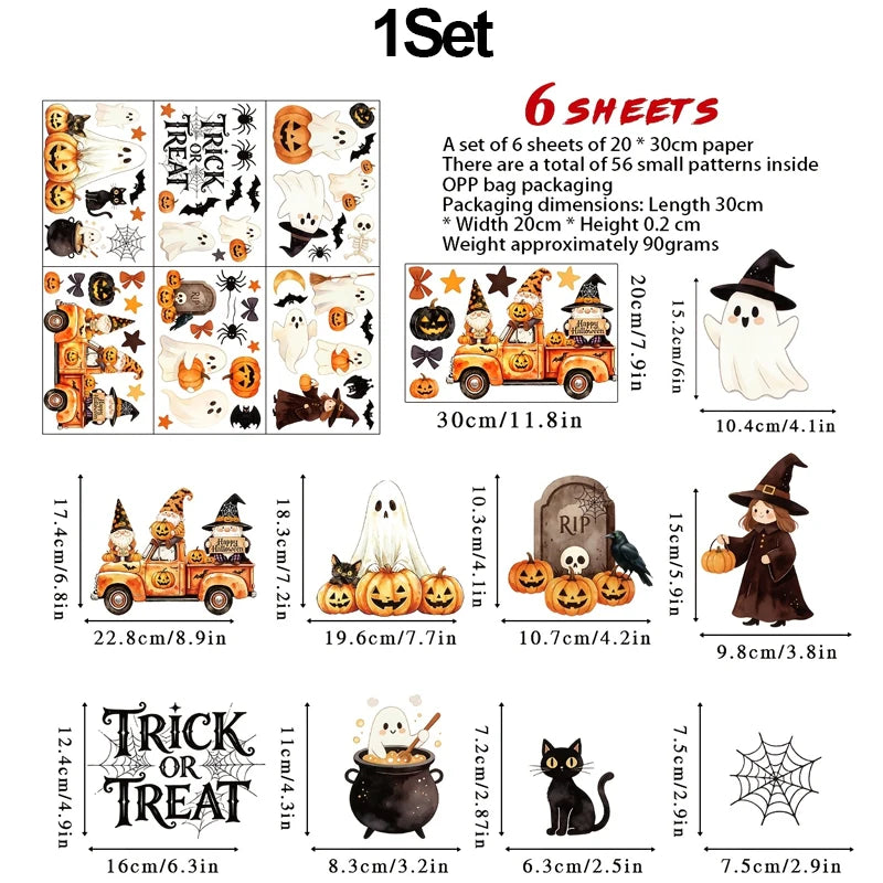 Adhesivos para ventanas de Halloween, decoraciones de Halloween, pegatinas decorativas de otoño para interiores | 6 hojas de adhesivos grandes para ventanas con fantasmas y calabazas