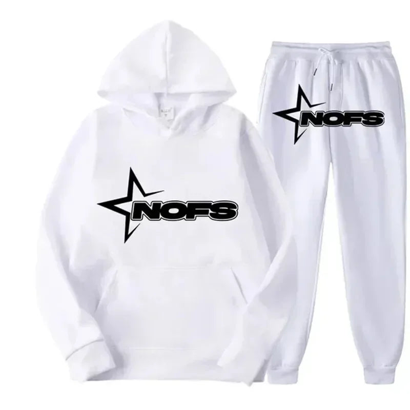 Ensemble streetwear NOFS noir imprimé étoiles avec sweat à capuche et pantalon de jogging, pour hommes et femmes