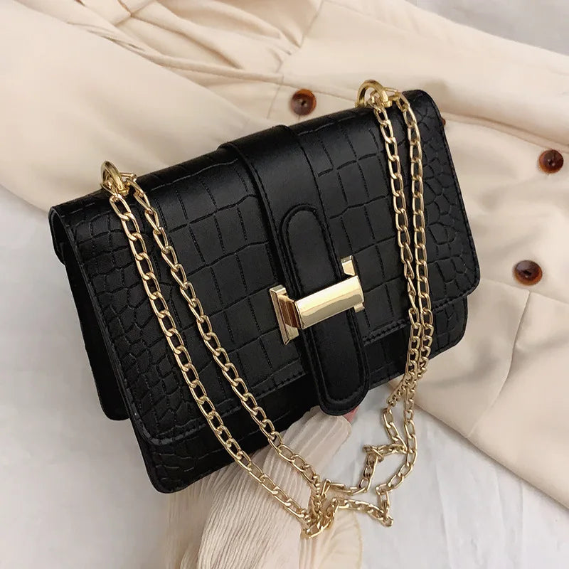 Women Crocodile Pattern PU Leather Square Bag Luxury Gold Chain Crossbody Bag Fashion Shoulder Handbag For Ladies Daily Party