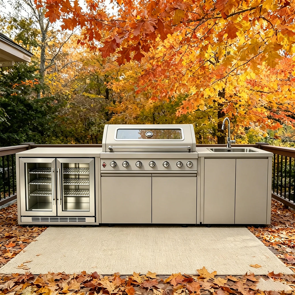 Full Kitchens ofrece cocinas de exterior completas, conjuntos de armarios duraderos con islas y carritos de cocina, conjunto de cocina para guisos.
