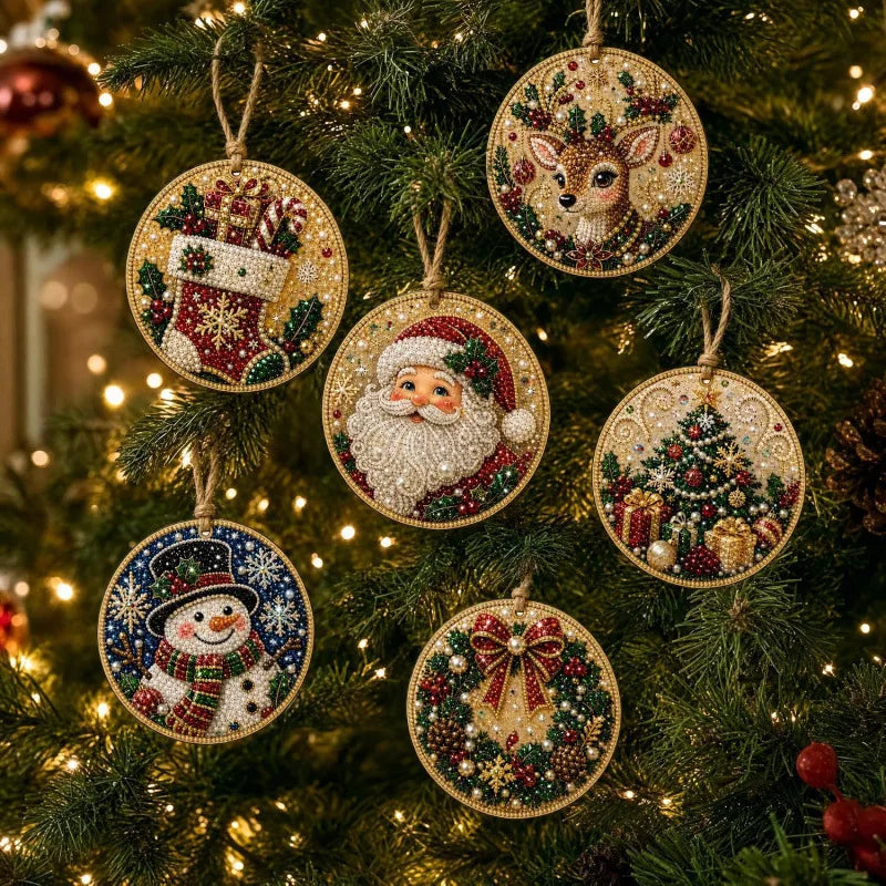 6Pcs Wooden Christmas Ornaments DIY Pearl Art Kits Hanging Diamond Art Christmas Tree Ornaments Set with Pearls Home Decoration