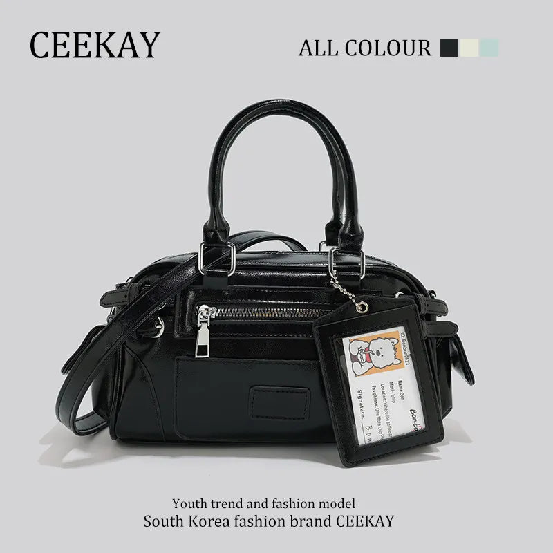 2026 New CEEKAY Boston Bag, Patent Leather Handbag with Card Holder Pendant, Casual Shoulder Bag for Women Casual Crossbody Bag