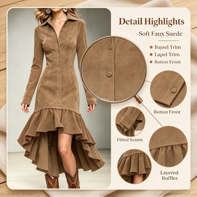 Women's Suede Shirt Dress with Lapels, Long Sleeves, Button Front, Asymmetrical Hem and Ruffle Detail, Midi Length
