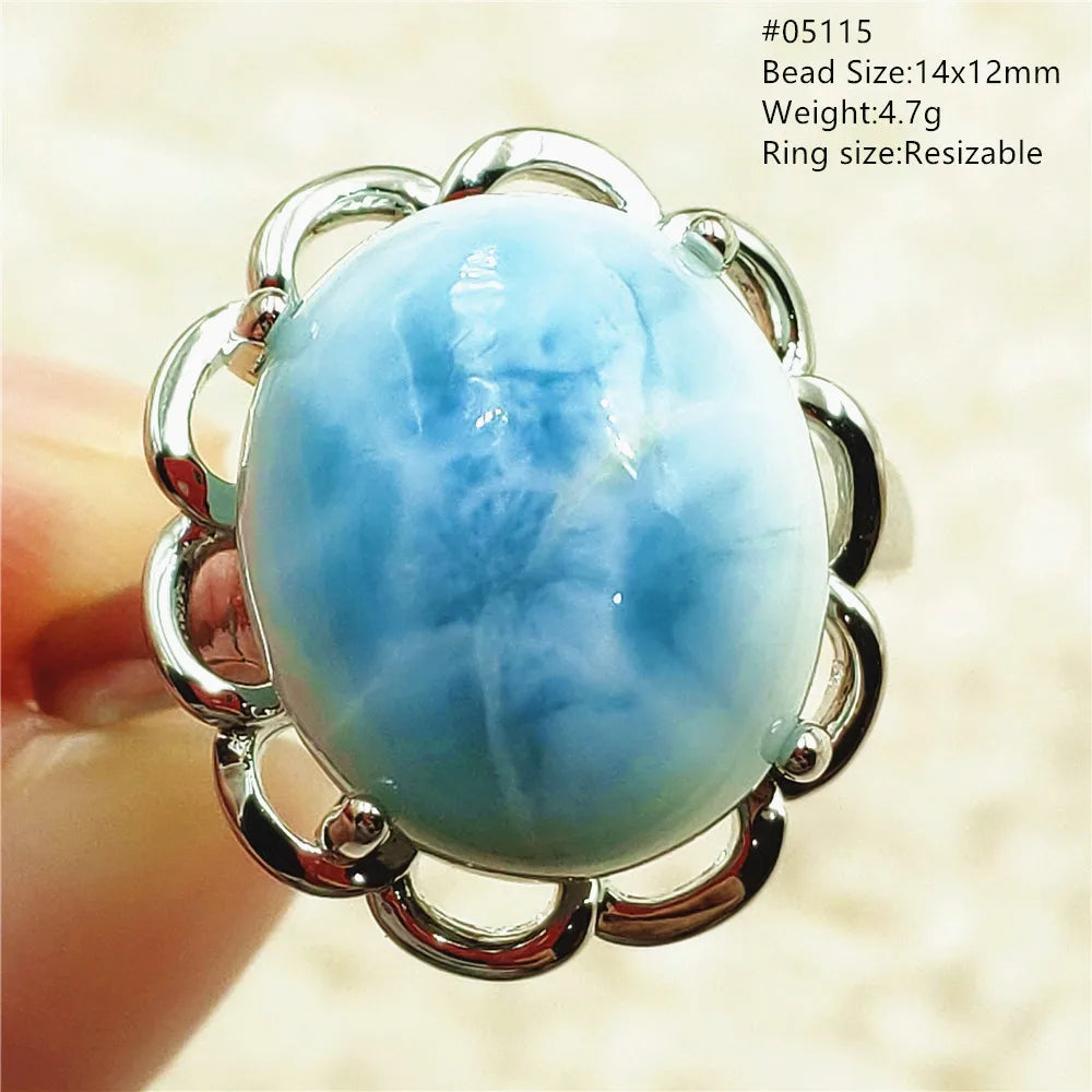 Natural Blue Larimar Ring Jewelry Dominia Larimar Bead Adjustable Rare Larimar Oval Water Pattern Fashion AAAAAA