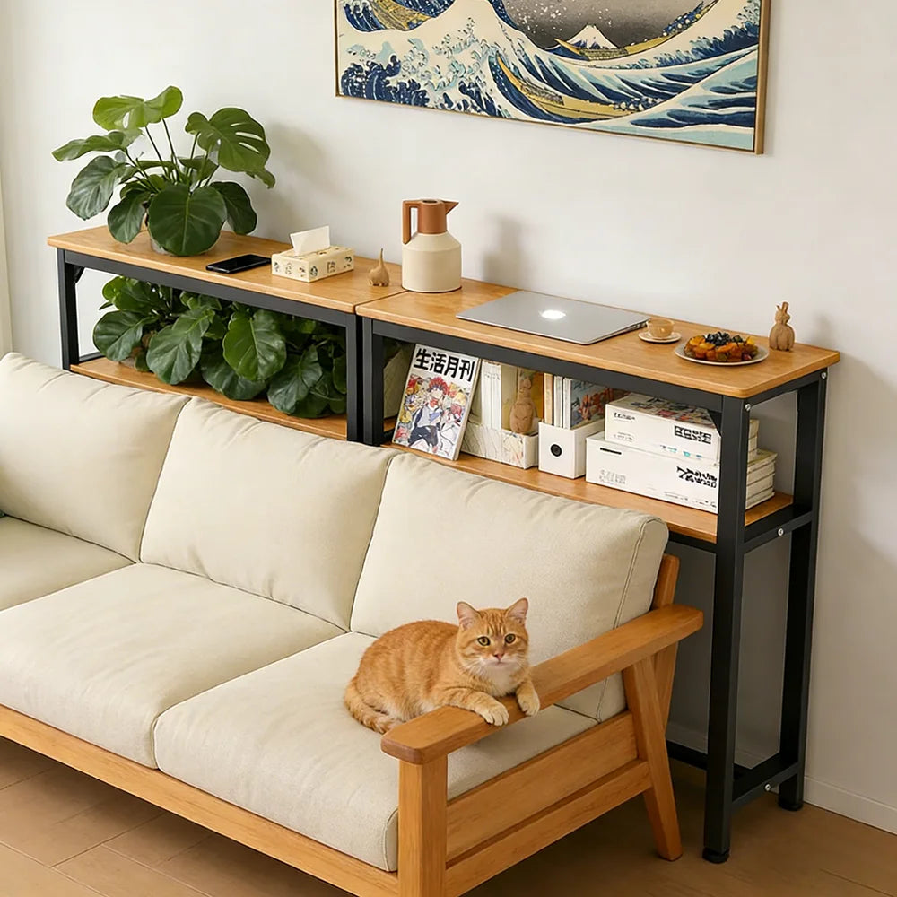 Mesa de consola estrecha para sofá con 2 estantes para sala de estar, balcón, bar, mesa de mostrador de madera MDF 80*20*100.2cm/80*20*75.2cm