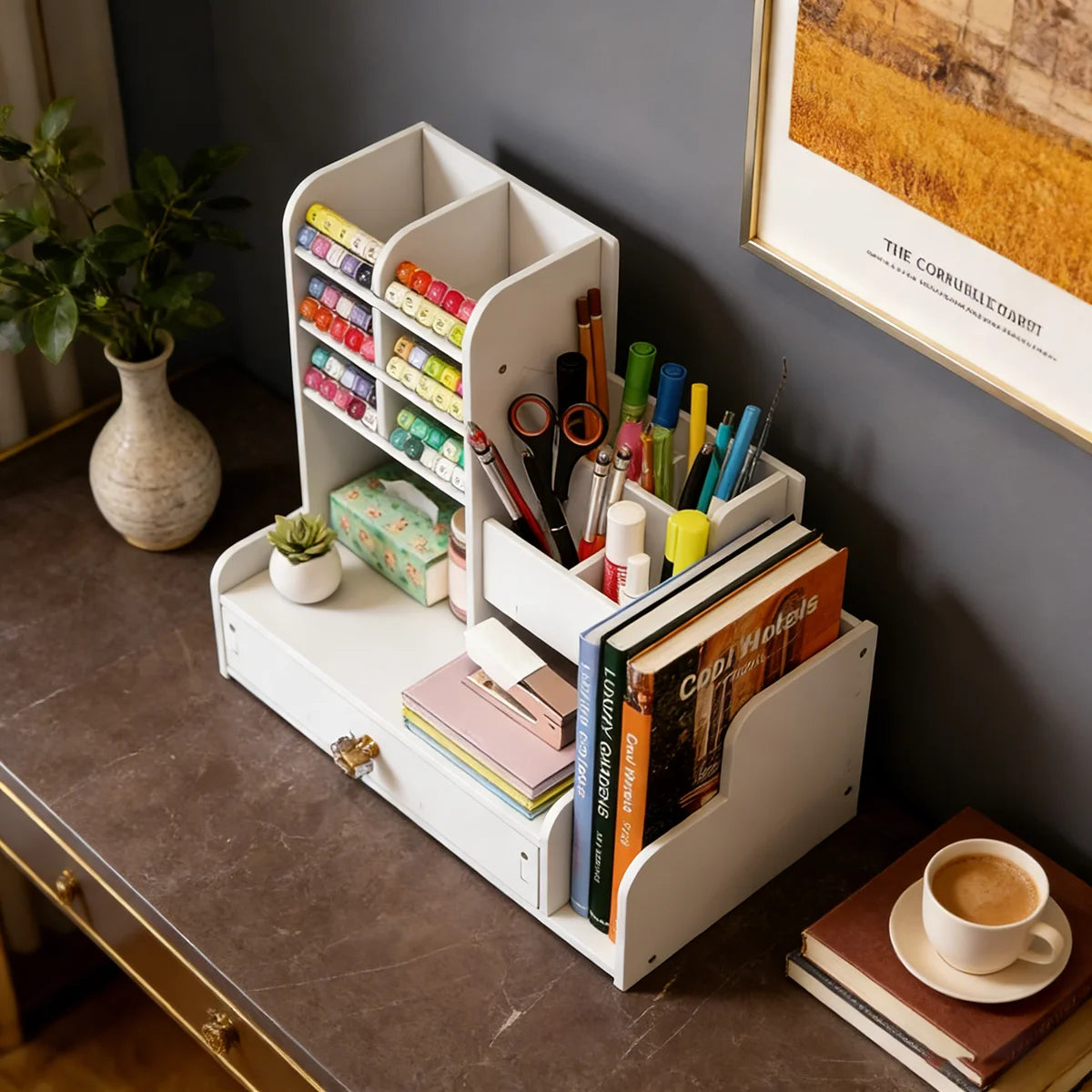 Wood-Grain Desktop Organizer with Drawer