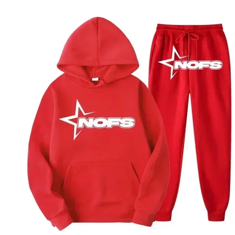 Ensemble streetwear NOFS noir imprimé étoiles avec sweat à capuche et pantalon de jogging, pour hommes et femmes