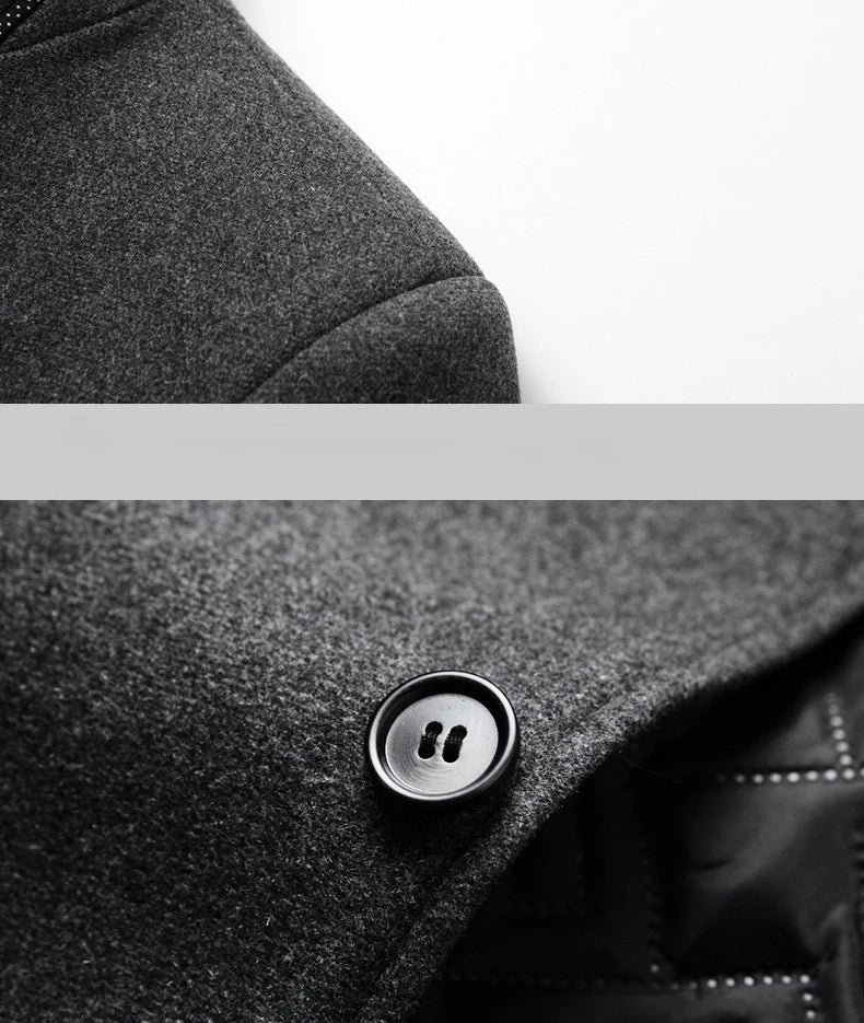 Men's Winter Wool Jacket, Single-breasted, Long-sleeved, Stand-up Collar, Business-casual Top. Gray, Black, Red Coat.