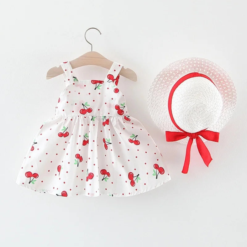 Baby Girl Dress Summer Cotton Bow Cherry Polka Dot Suspender Girls Dresses Cute Casual Beach Baby Girl Clothing
