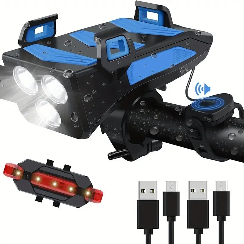 Luz para bicicleta, faro delantero recargable por USB con 3 LED y luz trasera LED, con batería externa, bocina y soporte para teléfono, adecuada para todo tipo de ciclismo, en carretera y montaña.